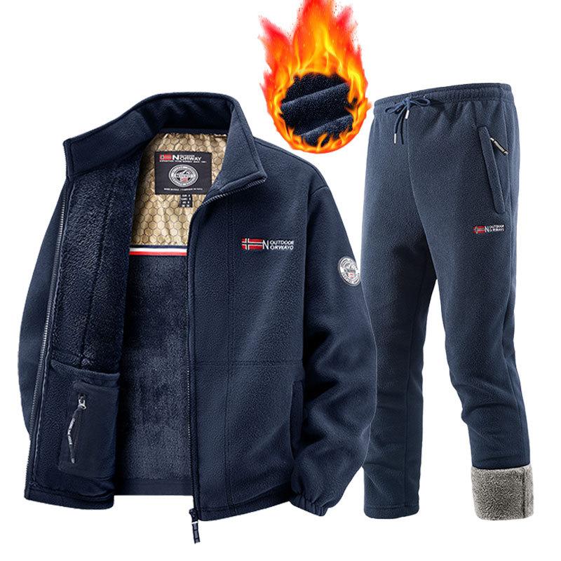 Autimn Winter Sportswear Set Mens Retro Training Thick Fleece Jacket + Pants Two Piece Set Casual Ski Running Tracksuit Suit