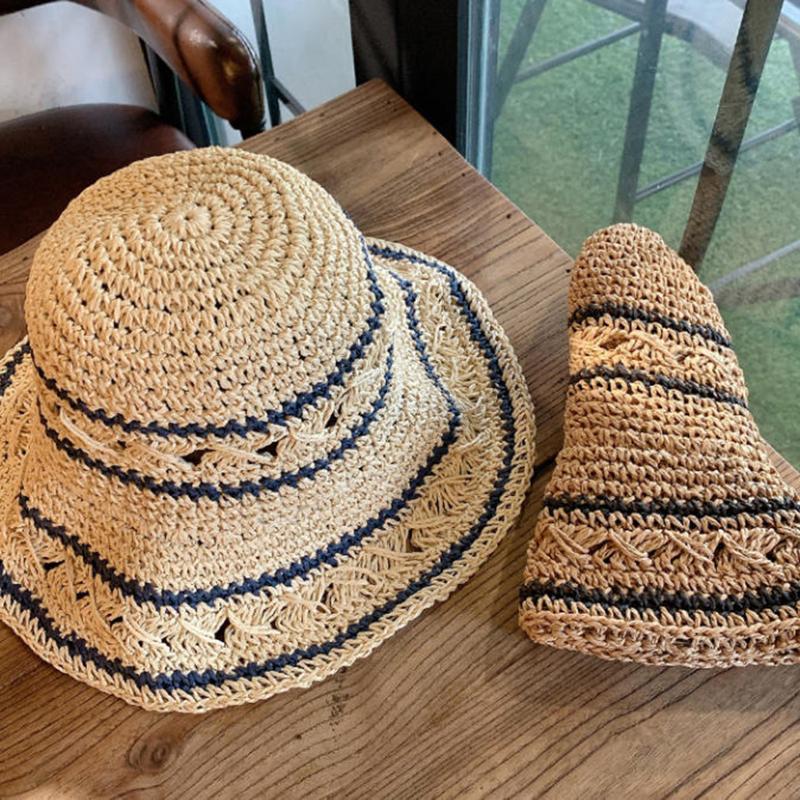 Striped Geometric Print Natural Straw Bucket Hats For Women Foldable Lightweight Sun Hatstravel & Vacation Essential