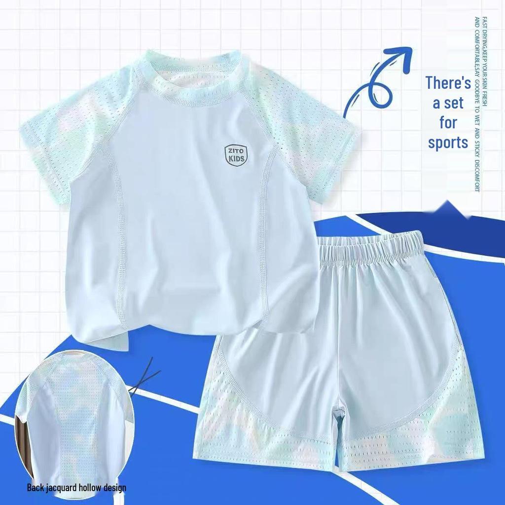 2026 Kids' Summer Sports Suit - Breathable Ice Silk UPF50+ Top & Shorts Set