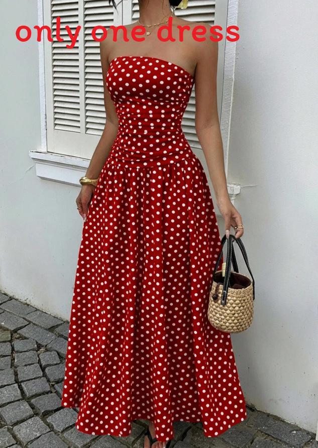 Ärmelloses High-Neck-Langkleid mit Wellenpunktmuster und Rüschensaum für Büro und Alltag