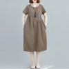 Real shot summer new literary loose splicing cotton and linen plaid round neck short-sleeved dress women's clothing medium and long
