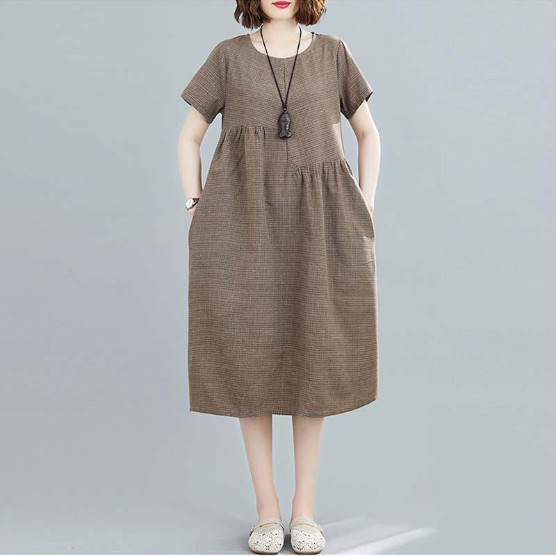 Real shot summer new literary loose splicing cotton and linen plaid round neck short-sleeved dress women's clothing medium and long