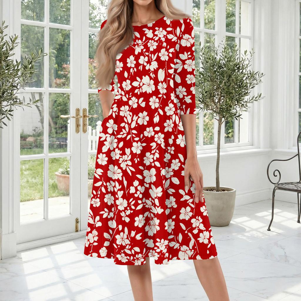 Women's Casual Fashion Round Neck Three Quarter Sleeve Printed Midi Dress