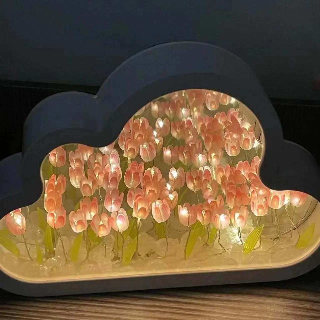 Lámpara de noche con forma de nube hecha a mano con forma de tulipán LED creativa, adorno para dormitorio de niña, marco de fotos, espejo, lámparas de mesa, regalos de cumpleaños