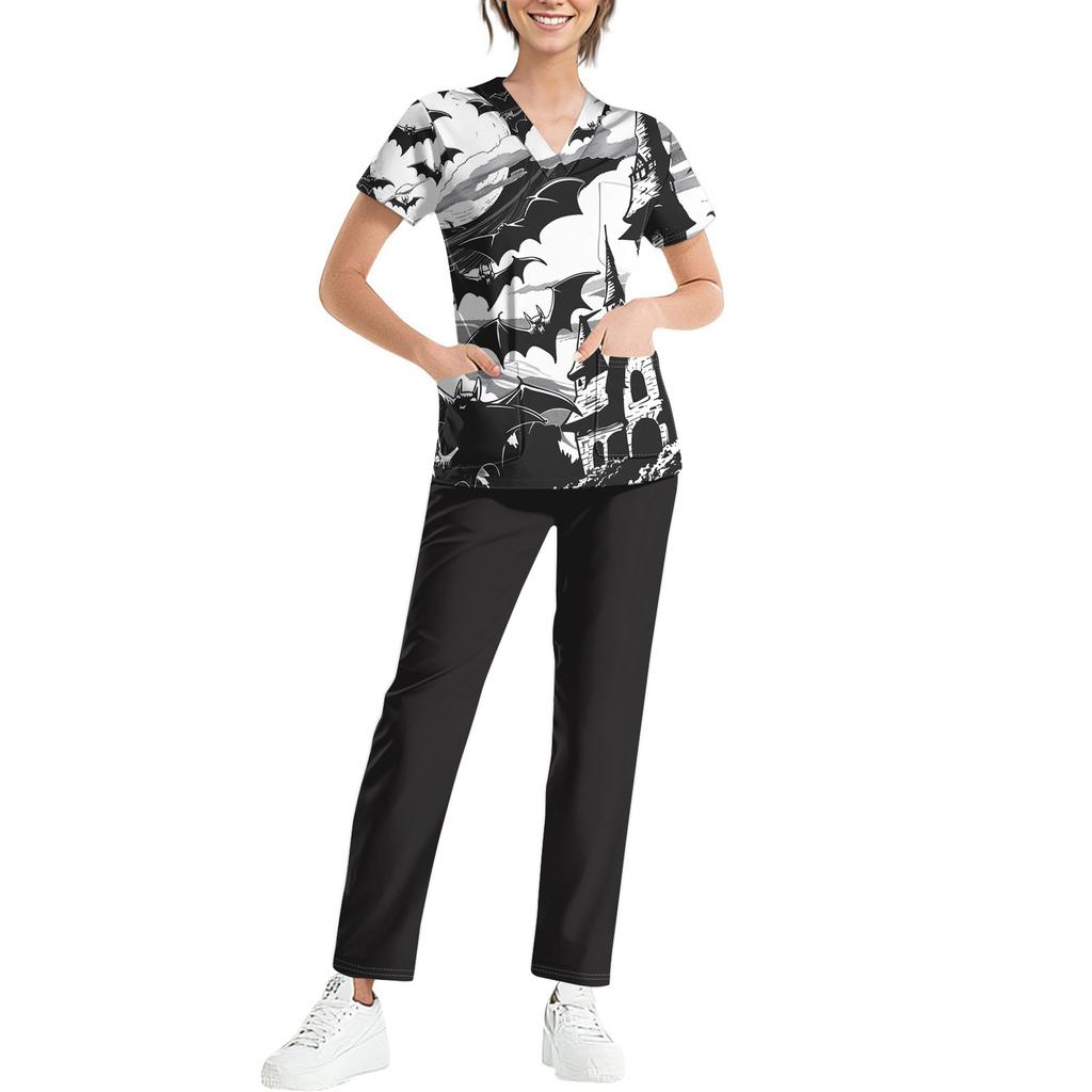 Women's Scrub Set Short Sleeve Halloween Print Pocket Top and Pants Two Piece Work Uniform