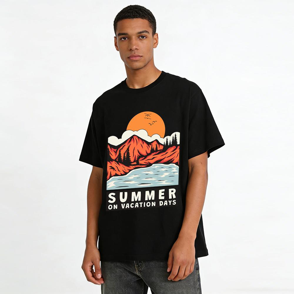 Summer Vacation Days Mountain Lake Graphic Outdoor Casual Tee Pure cotton T-shirt