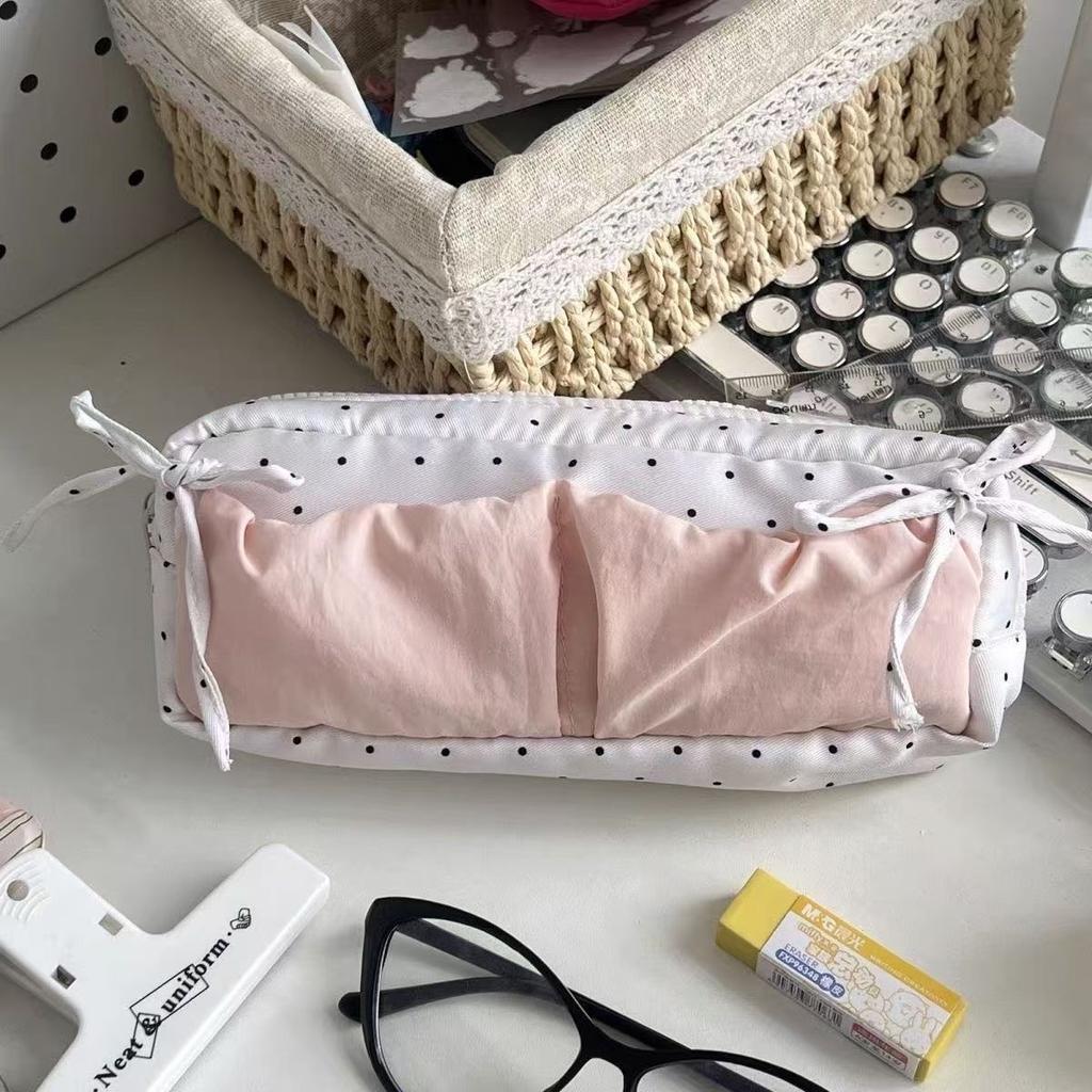 2026 NEW Bag Large Capacity Cute Snow-white Polka Dot Student Pencil Box Makeup Storage Bags Heart-shaped Bow Design Stationery