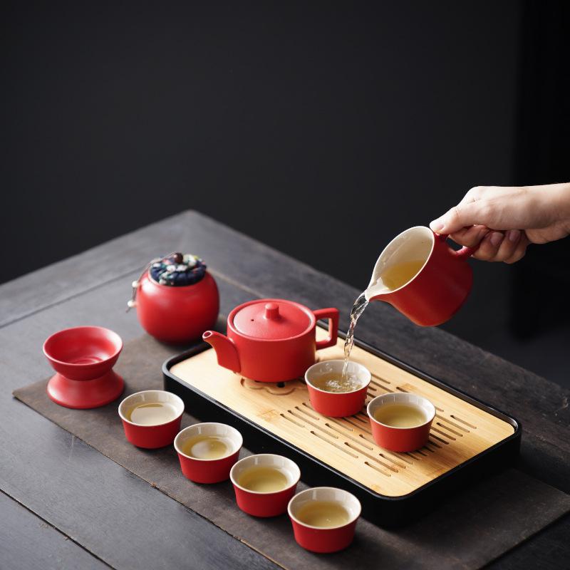 High-End Portable Ceramic Tea Set with Teapot, Teacups, and Tray for Household or Outdoor Use