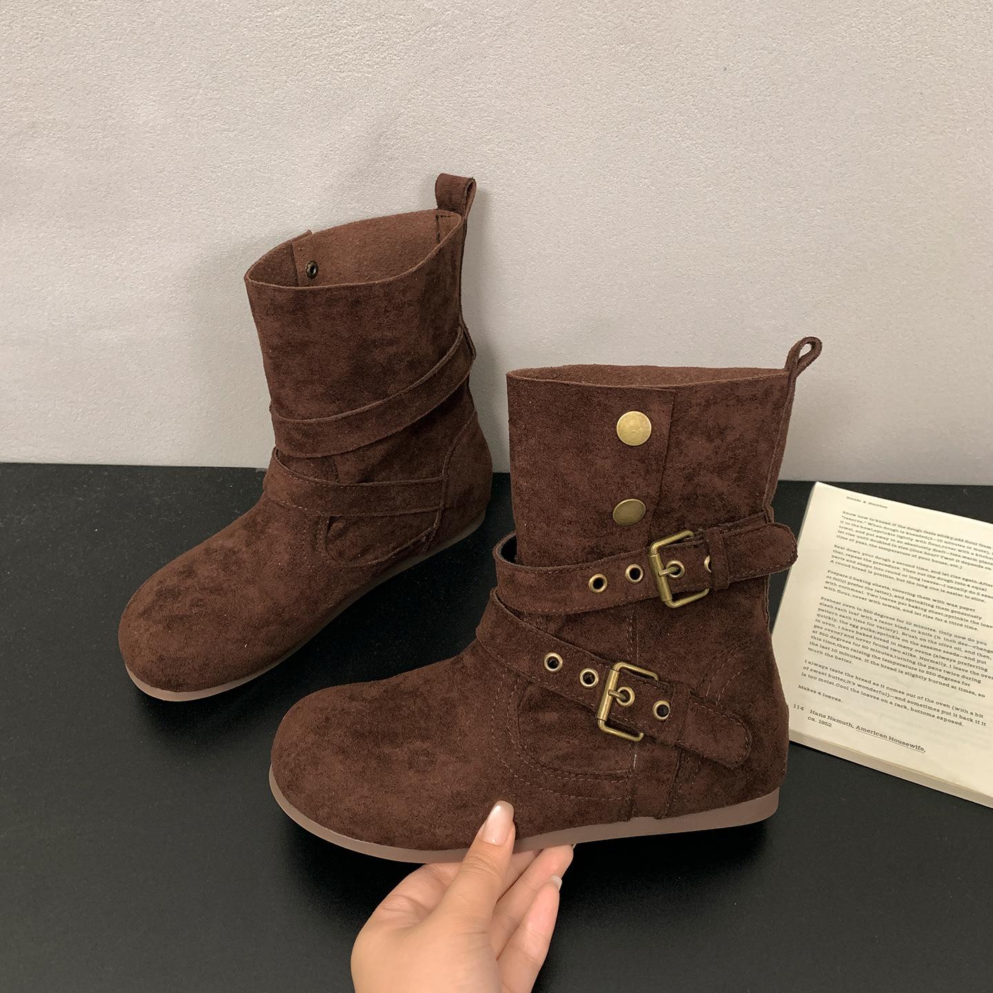 

Queen Van Maillard Винтажные Плоские Вестерн Сапоги Женские 2025 Новая Осень Юбка Универсальные Короткие Сапоги 40 темно-коричневого