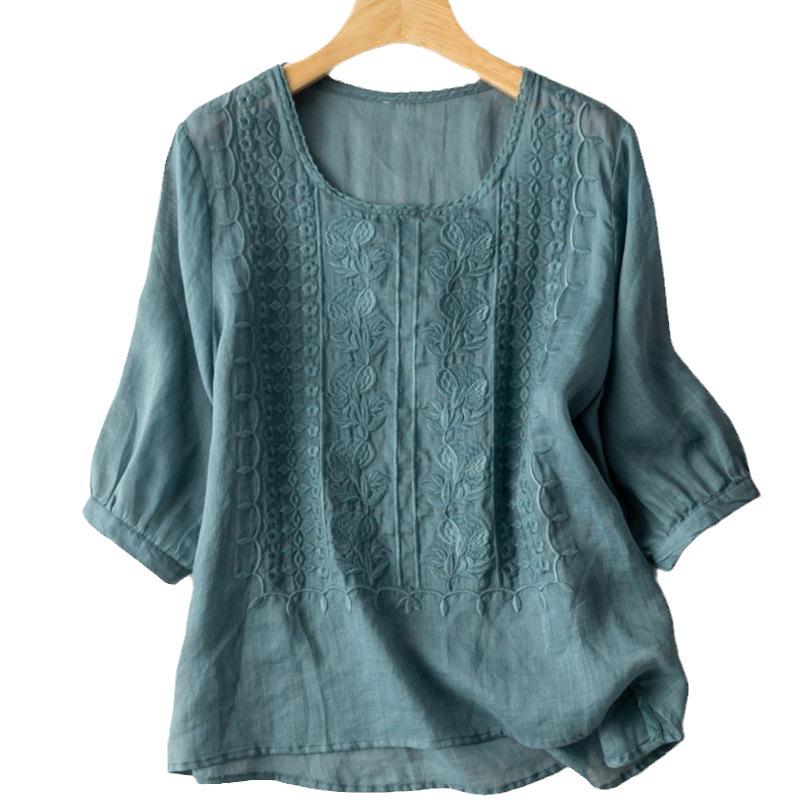 Damen Besticktes Baumwoll- & Leinen Sommer T-Shirt mit Puffärmeln