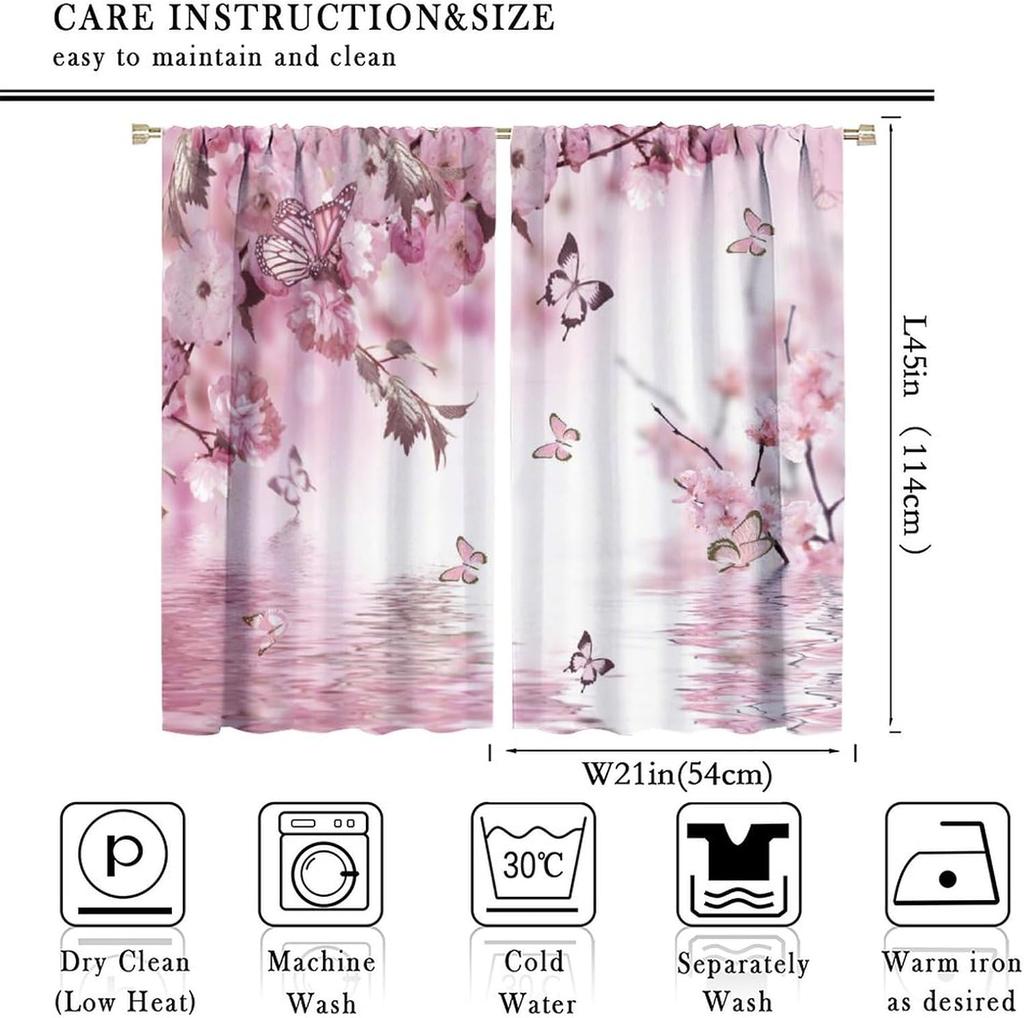 Pink Tropical Cherry Blossom Curtains Beautiful Summer Jungle Orchids Hibiscus Butterfly Window Drapes Darke Curtain With Rod Pocket Polyester