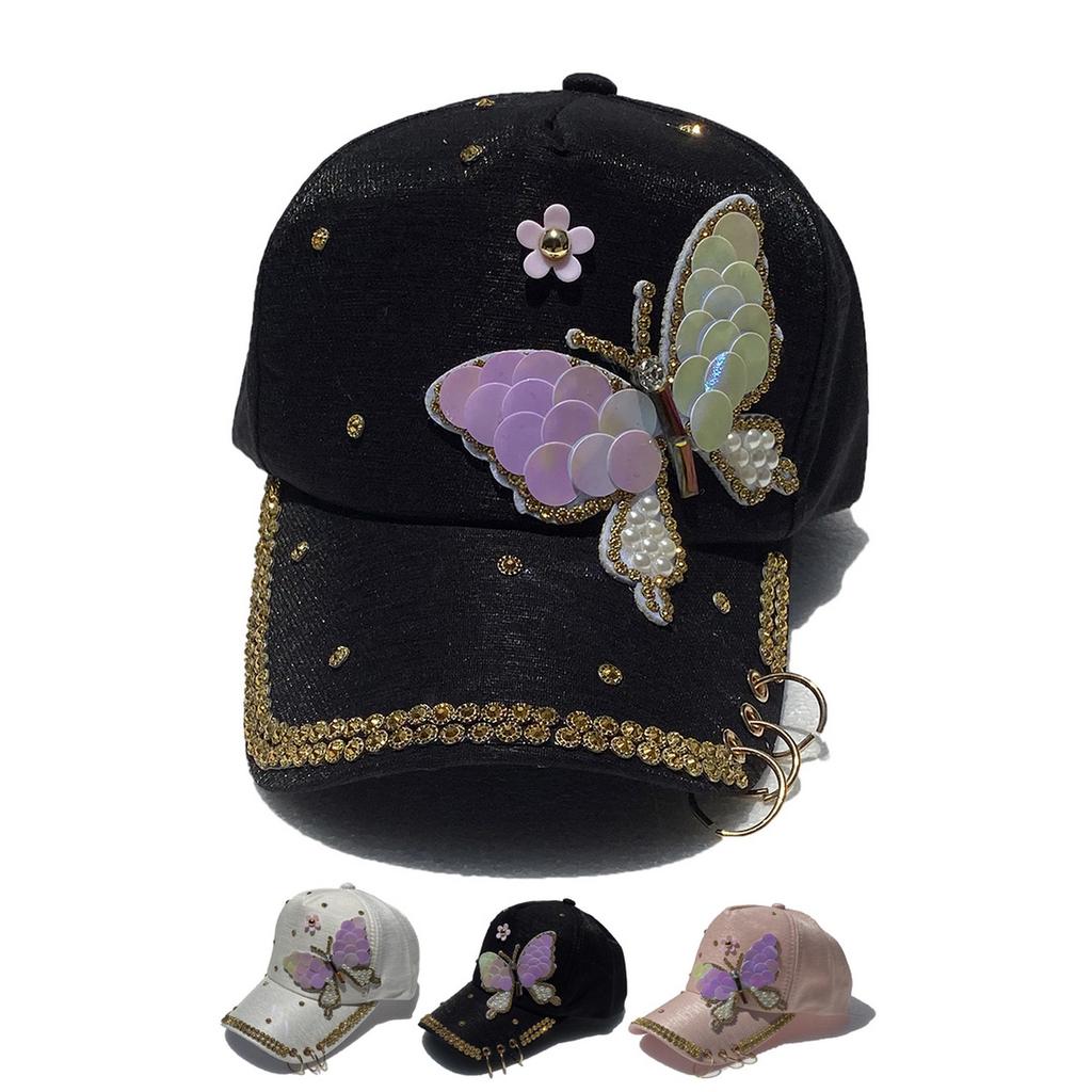 Fashion Ladies Bling Sequin Butterfly Baseball Cap, Rhinestone Trim Metal Ring Decor Adjustable Sun‑Protection Peaked Hat for Daily Party Street