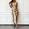 European and American Summer High Elastic Satin Sleeveless Slanted Shoulder Waist Medium and Long Dress Elegant Evening Dress