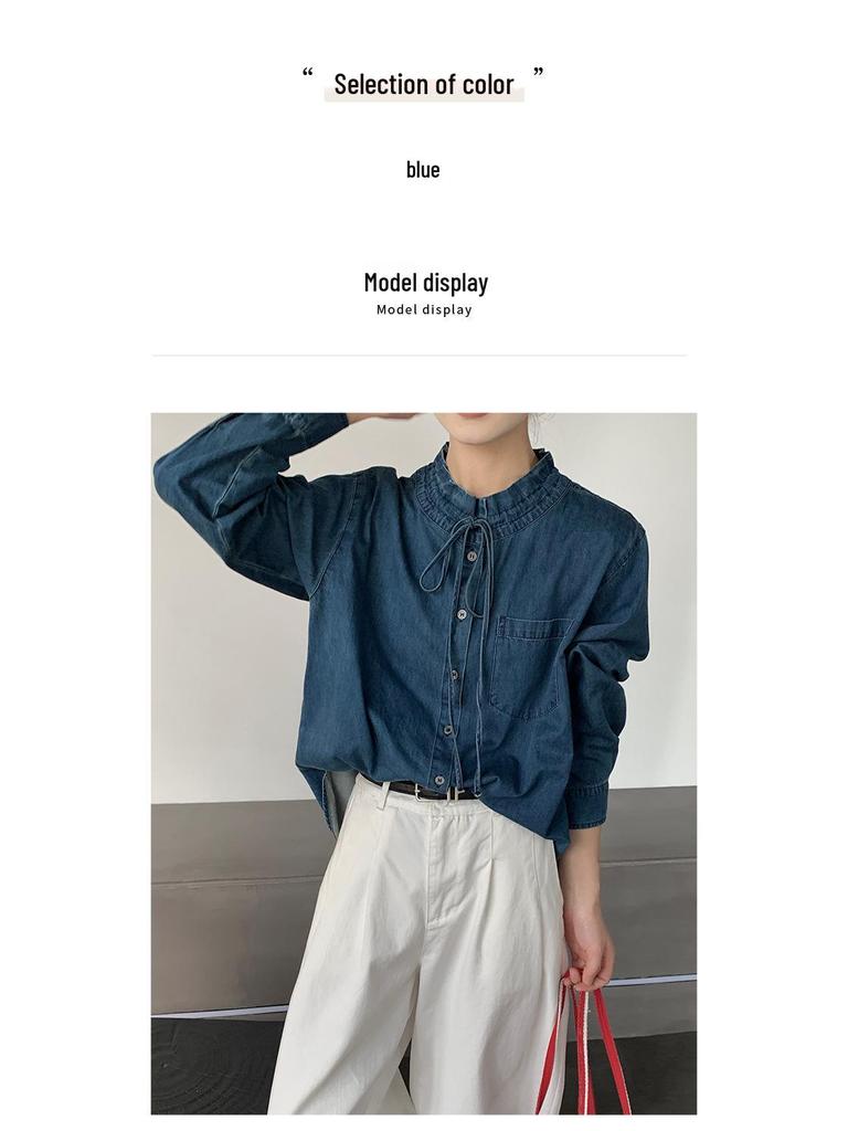 Spring Youth Denim Lace-Up Ruffle Collar Long Sleeve Shirt