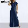 Long Skirt Blouse with Slit Neck Pocket Large Skirt Plus-size Casual Denim Dress