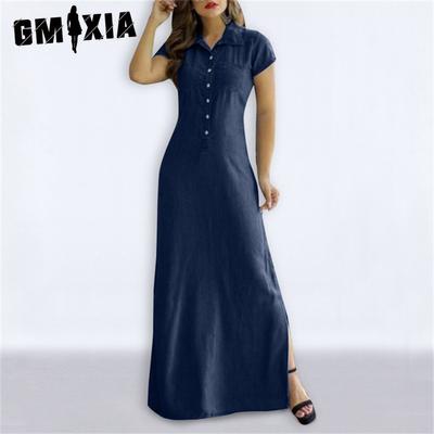 Long Skirt Blouse with Slit Neck Pocket Large Skirt Plus-size Casual Denim Dress