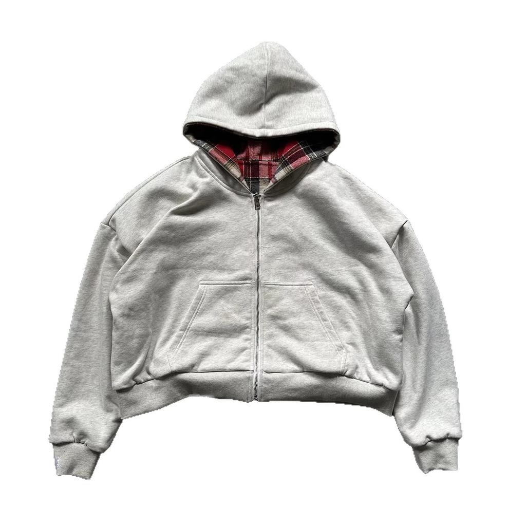 Sudadera Gris con Capucha y Cremallera con Forro de Camisa a Cuadros Aspecto en Capas
