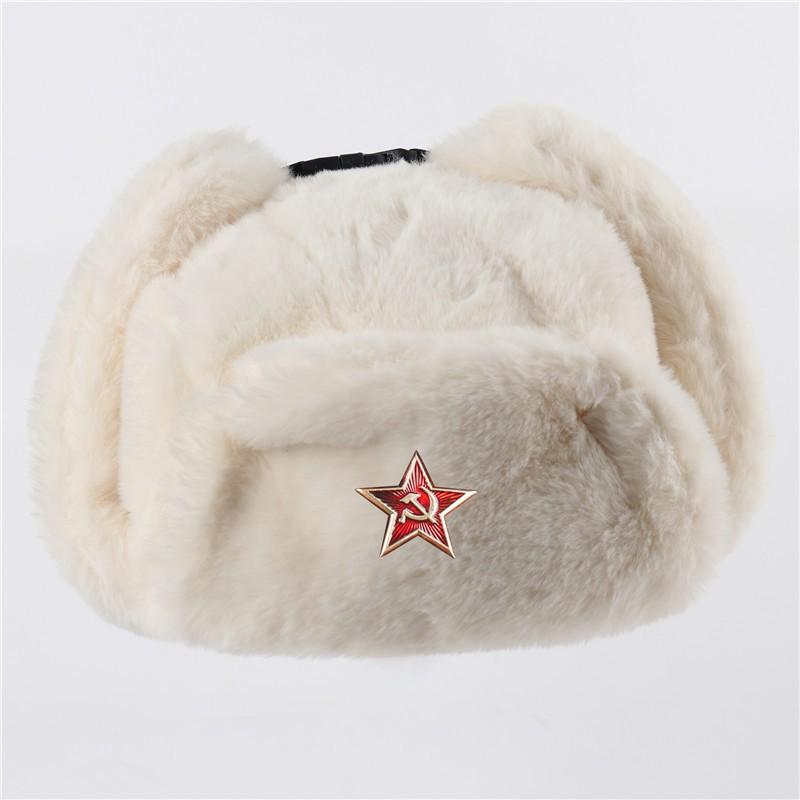 Warm Winter Military Style Earflap Hat Men Women With Embroidered Soviet Emblem Faux Fur Lined Outdoor Cap