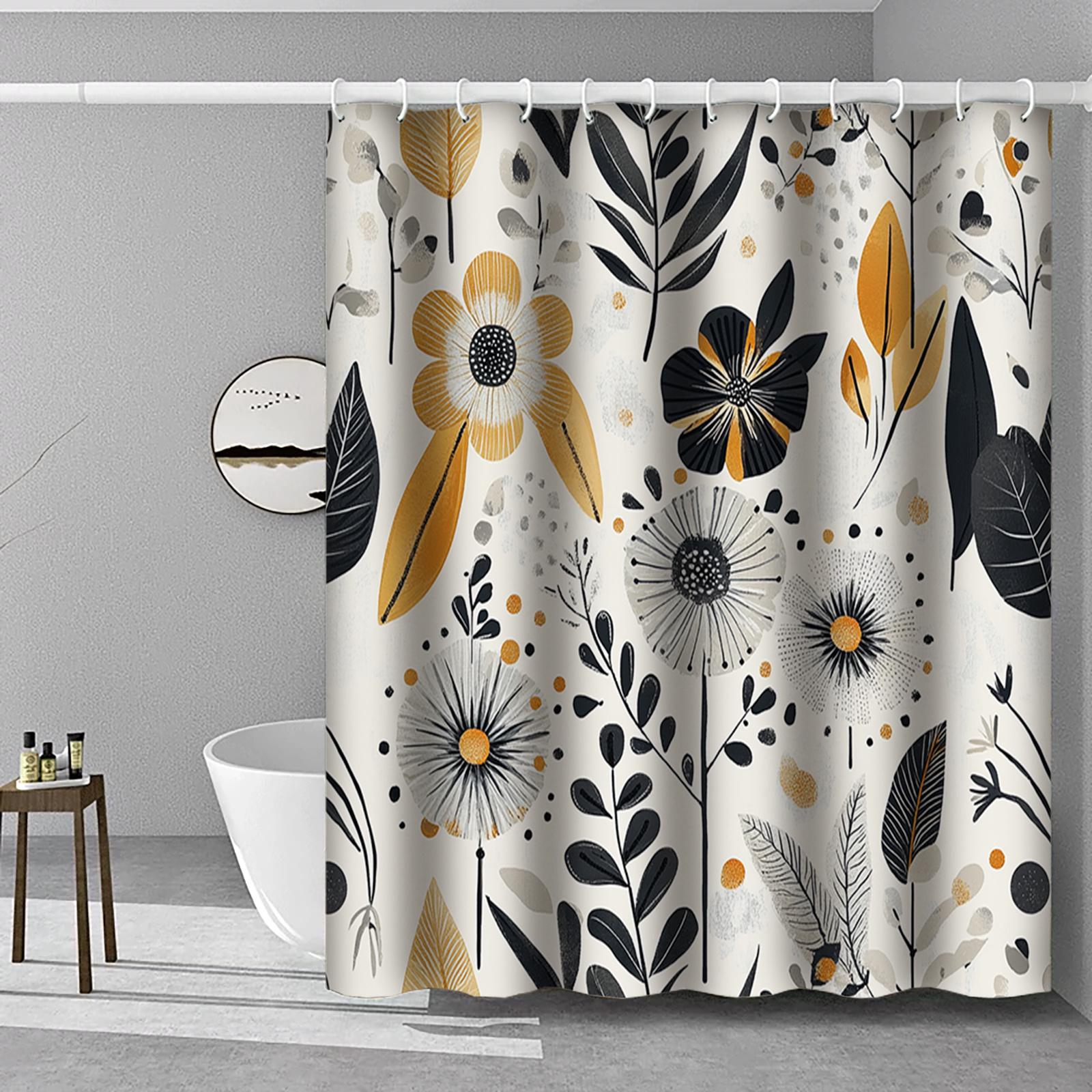 

1Pc Bohemian Floral Curtain, Beige/Black/Orange Flowers, Green Leaves, Light-Filtering, Rod Pocket, Boho Decor W60H190(CM)-1 Pcs