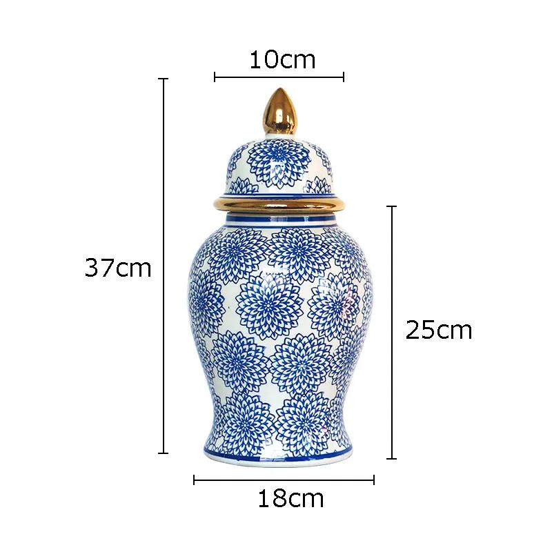 Gold Plated Blue and White Porcelain Ginger Jar with Lids Ceramic General Jars Retro Tea Caddy Floral Vases Desk Decoration