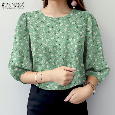 Women Casual Round Neck 3/4 Sleeve Loose Floral Blouse