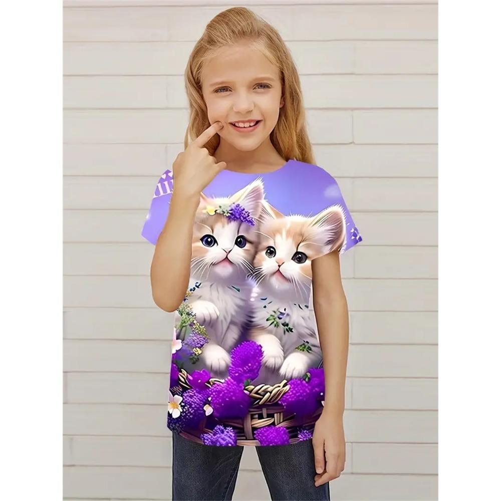 Children's clothing, girls' T-shirt, 3D kitten top, children's summer clothing, fashionable girls' clothing, round neck top, girls' T-shirt