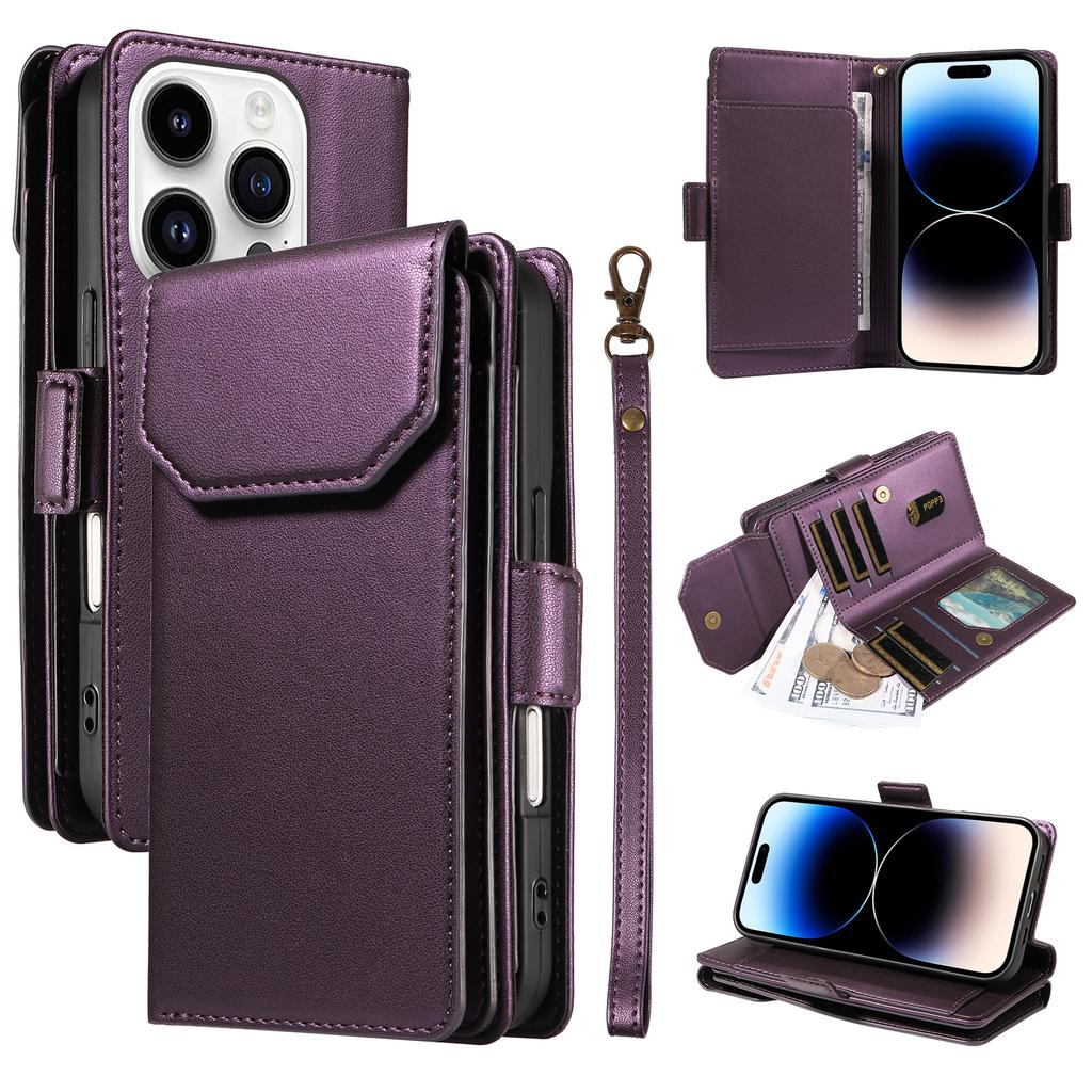 For iPhone 14 Pro Max Case with Multi-Card Holder and Strap PU Leather Phone Cover Stand