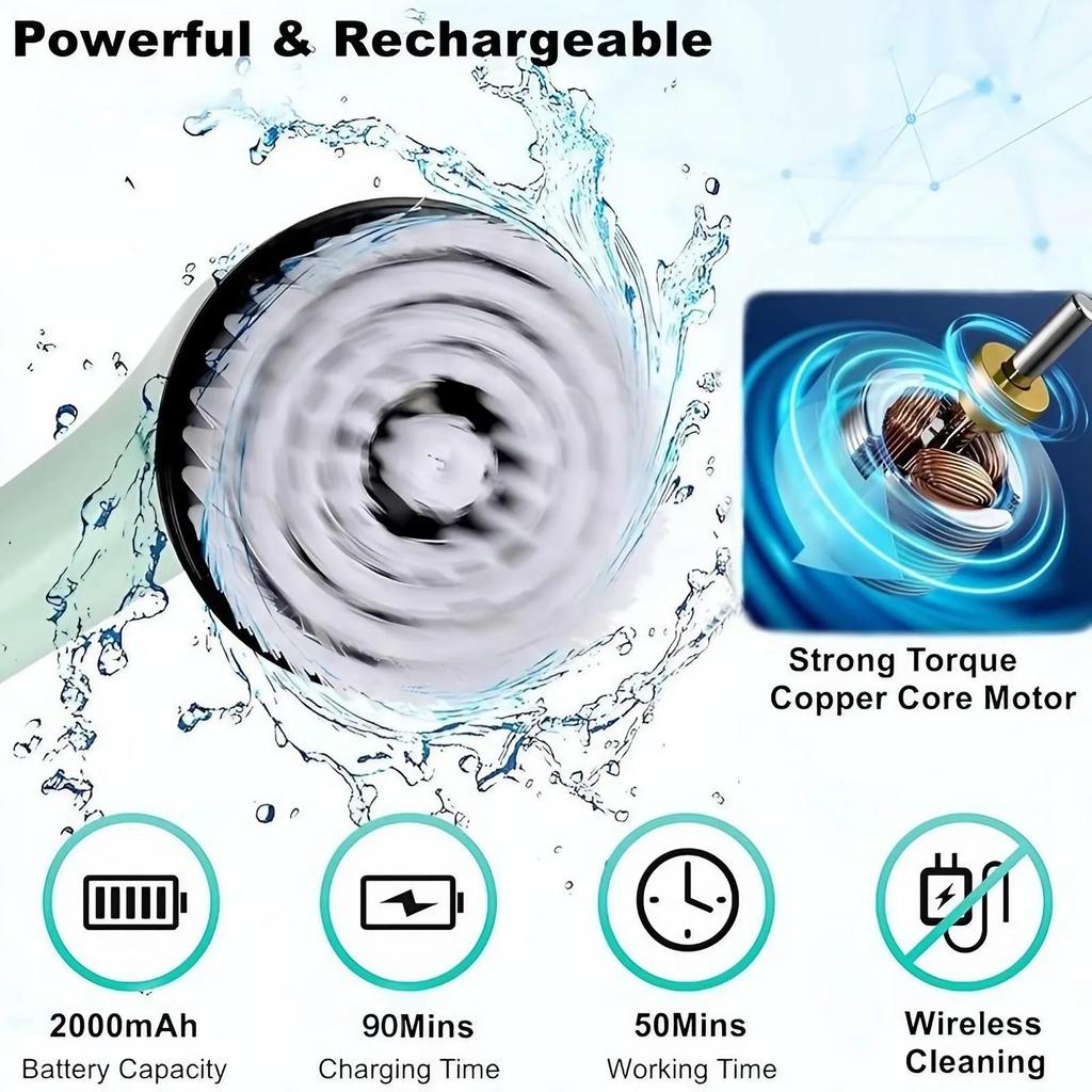 Electric Rechargeable Spin Scrubber with 9 Replaceable Heads Adjustable Extension Rod and Gloves for Cleaning