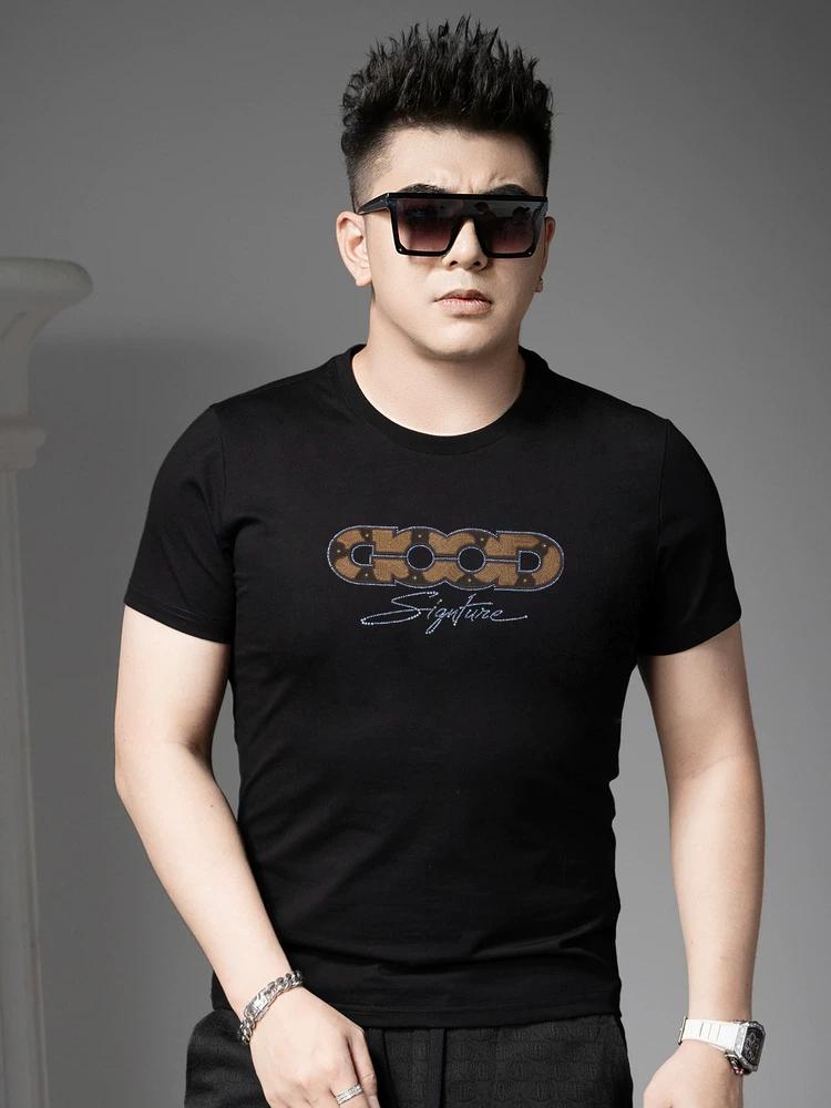 Ozhouzhan Trendy Slim Fit Short Sleeve T-shirt Men 2025 New Summer Trendy Brand Hot Drilling Print T-shirt Half Sleeve Top