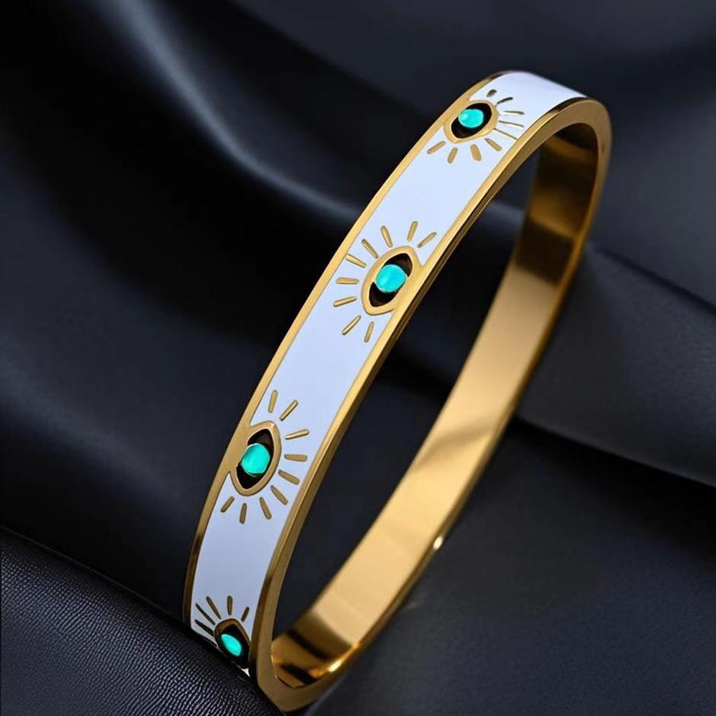 Trendy 316L Stainless Steel Evil Eye Bracelet for Women Charm White Enamel Wrist Waterproof Bangle Multi Epoxy Turquoise Bangle