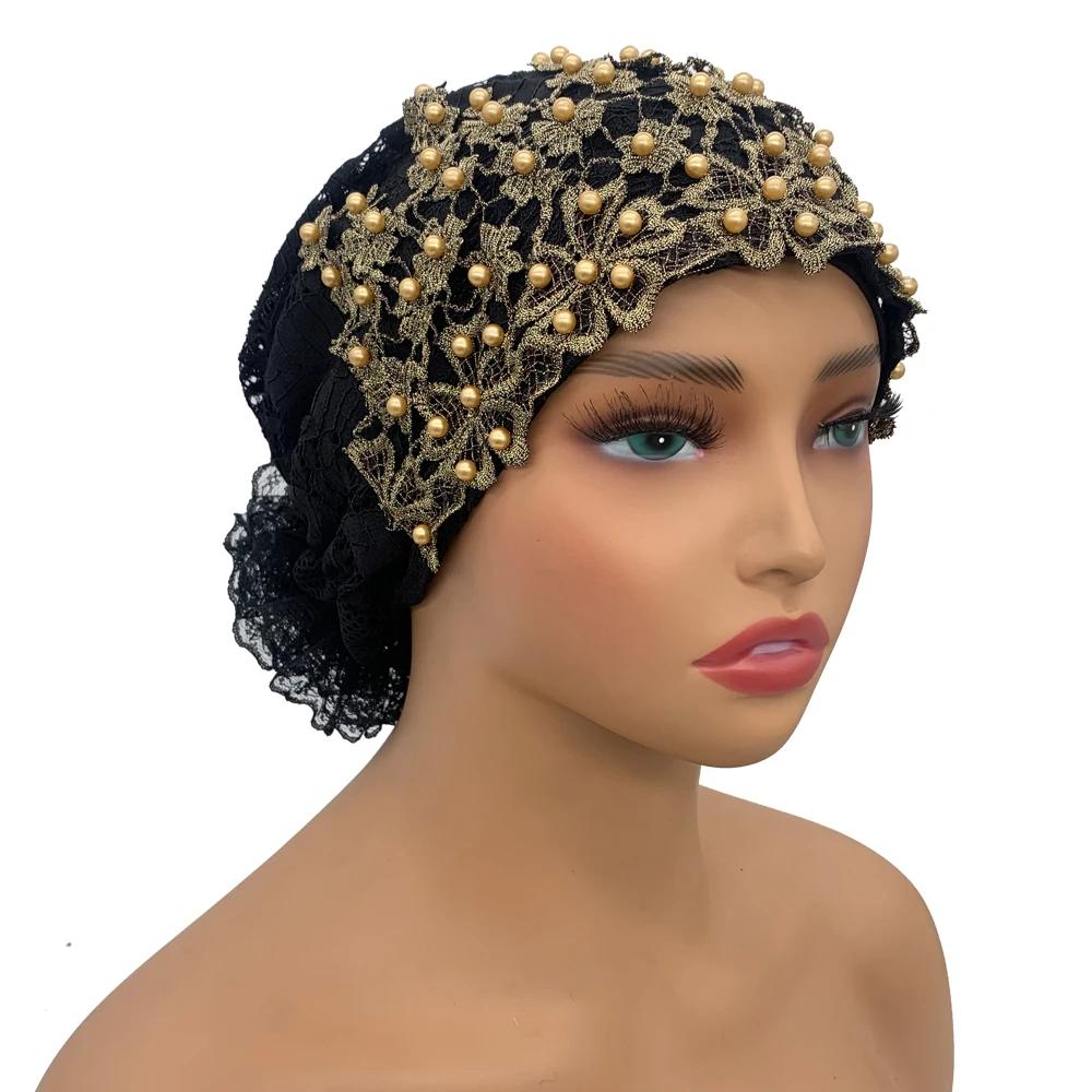 Muslim Headscarf Hat Hairloss Chemo Cap African Headwrap Bonnet Embroidery Beading Turban Cap For Women