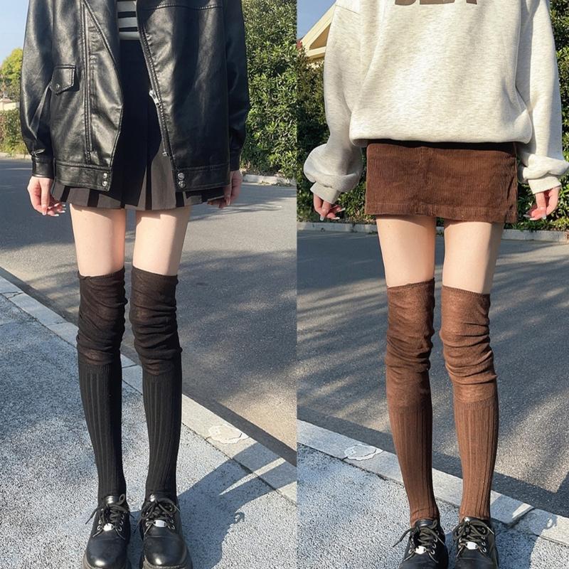 Japanese Women Elastic Over Knee Socks Student Slouch Top Rib Knit Long Stocking