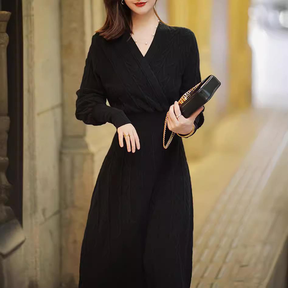 Women's Black Long Sleeve Knitted Wool Dress with Coat, Mid-Length, Over Knee, 2024 Autumn/Winter.