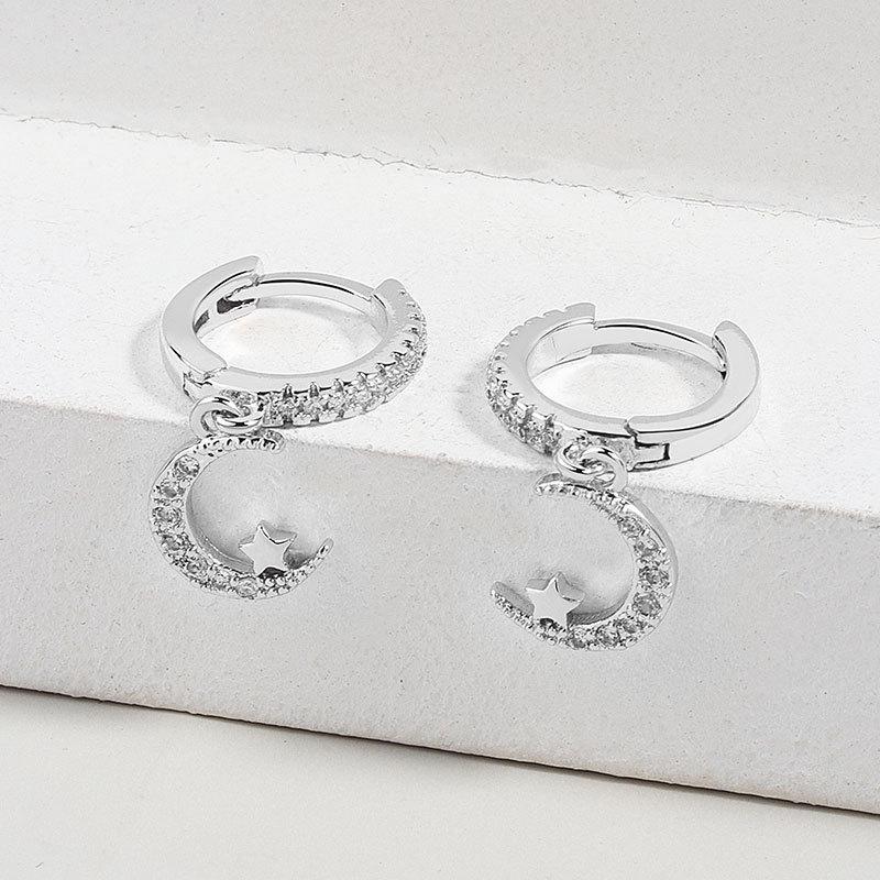 

S925 Silver Gold Star Moon Earrings Cubic Zirconia Huggie Hoops Fashionable Personalized Jewelry For Women