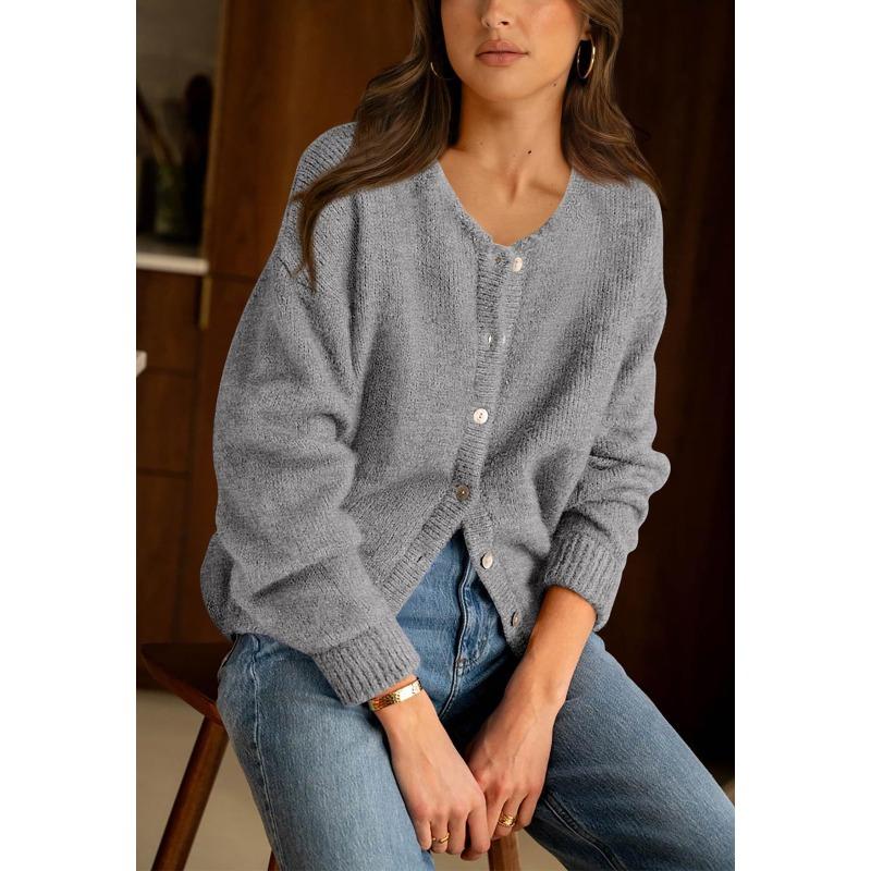 VEZFAA Moda feminina casual outono inverno cor sólida estampa manga comprida gola redonda suéteres