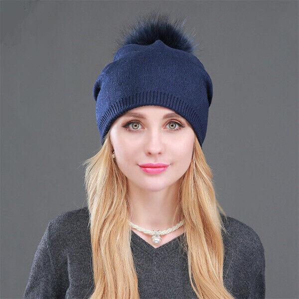 Women Winter Warm Cashmere Wool Knitted Real Fur Pom Pom Ball Beanie Hat