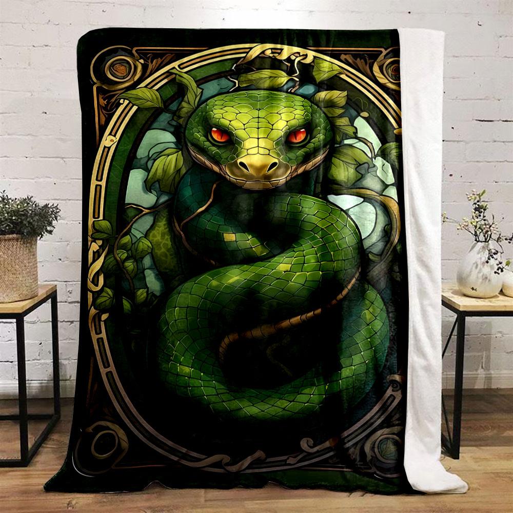Art Nouveau Style Green Coiled Snake Blanket Bedroom Blanket for Livingroom Couch Lunch Break Soft Throw for Friend's Festival Gift