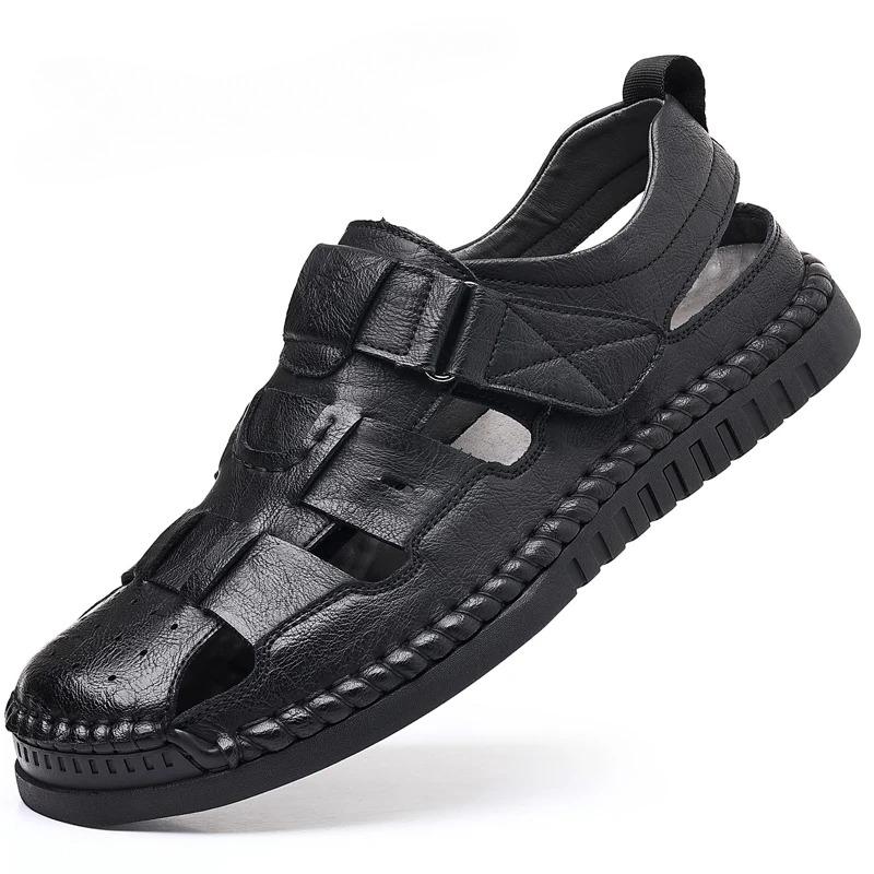 

Genuine Leather Summer Men s Sandals Casual Roman Style Outdoor Beach Shoes Comfortable Men s Shoes For Spring And Autumn 38 чёрный