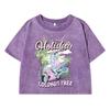 Spent Holiday Coconut Treeprint Women Washed Short Clothing Breathable Summer T-Shirt Street Distress O-Neck Tee Shirts