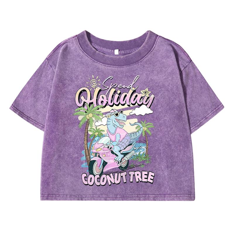 Spent Holiday Coconut Treeprint Women Washed Short Clothing Breathable Summer T-Shirt Street Distress O-Neck Tee Shirts