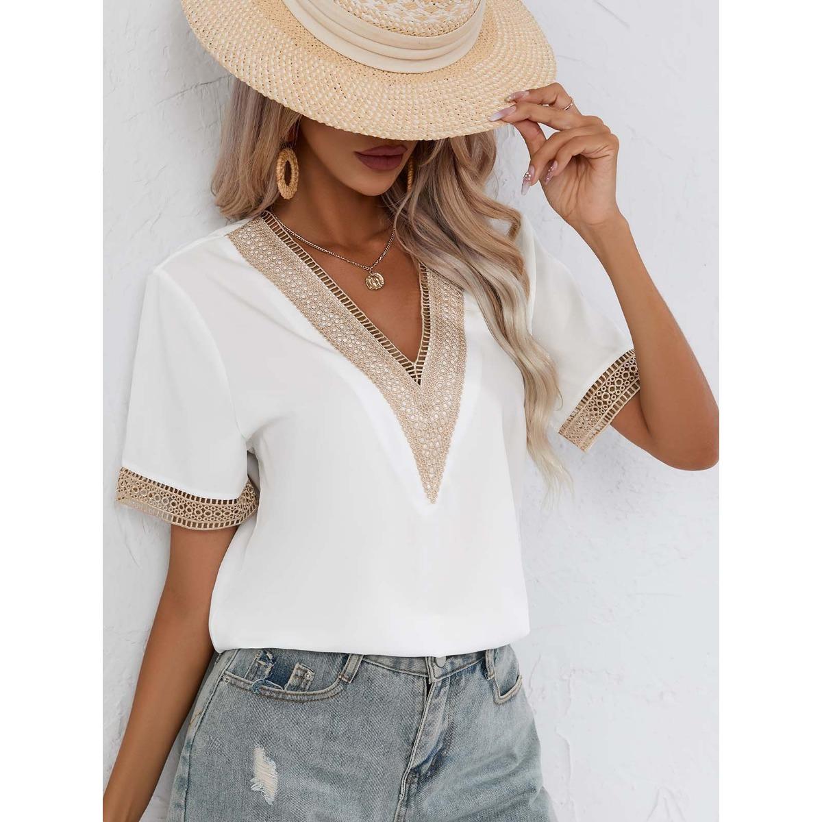 

Summer Women s Lace Trim V-neck Short Sleeve T-shirt, European American Style Casual Tops For Women S