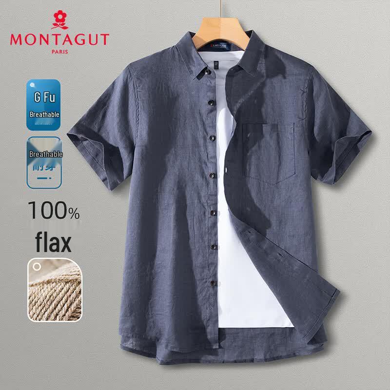 MONTAGUT Men s 100% Linen Short Sleeve Casual Shirt 2XL темно-серого