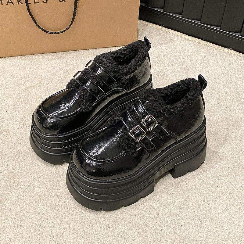 Heel Women's Shoes Platform Loafers 2025 Winter New Brown Small Leather Shoes Velvet Warm British Cotton Shoes