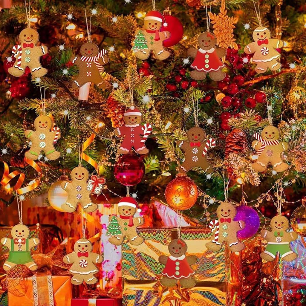 12 Pcs Wooden Gingerbread Man Ornaments Printed Wood Cutouts with Rope for Christmas Tree Hanging Decor