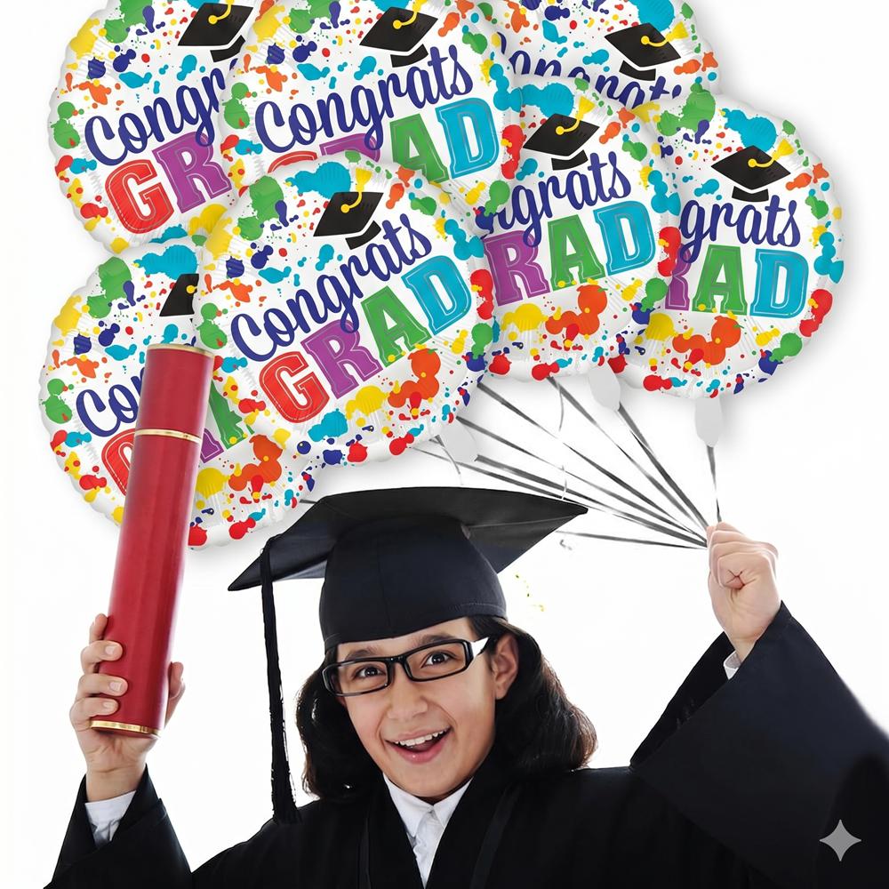 8 Pcs 18 Inch Congrats Grad Foil Balloons, Colorful Watercolor Graduation Round Mylar Balloons Kit, College Graduation Party Dec