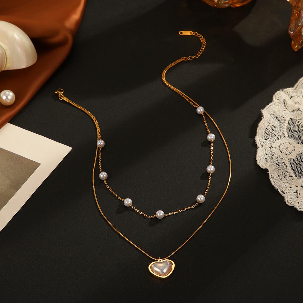 Design Temperament Versatile Love Collarbone Chain Double Pearl Necklace