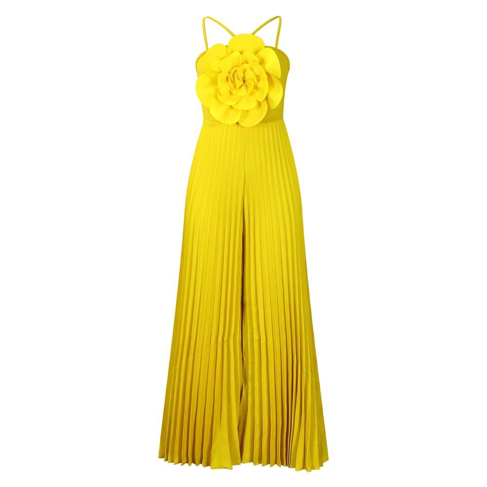 Women s Spaghetti Straps Sleeveless Pleated Jumpsuit Loose Fit High Waist Sexy Evening Romper S жёлтый