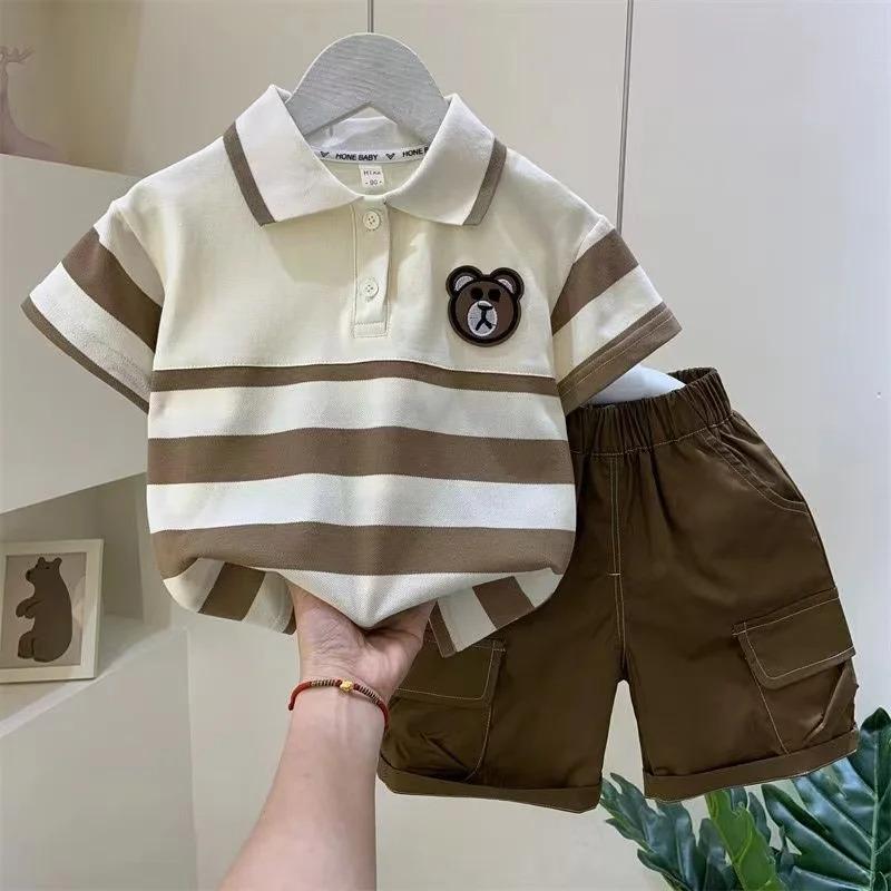Turn Down Collars Boys Summer Outfits Striped Short Sleeve Cartoon T Shirt Pockets Shorts Fashion Golf Sport Clothes