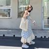 [Welcome To Kanban] Red Fake Two-piece Plaid Lace Suspender Dress Women's Summer Seaside Vacation Dress