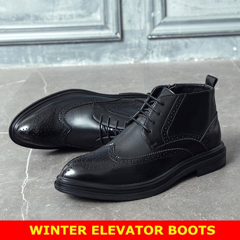 Autumn Winter Man Platform Boots Warm Height Increasing Boots Men Brogues Leather Shoes High Heel Shoes Male Elevator Boots